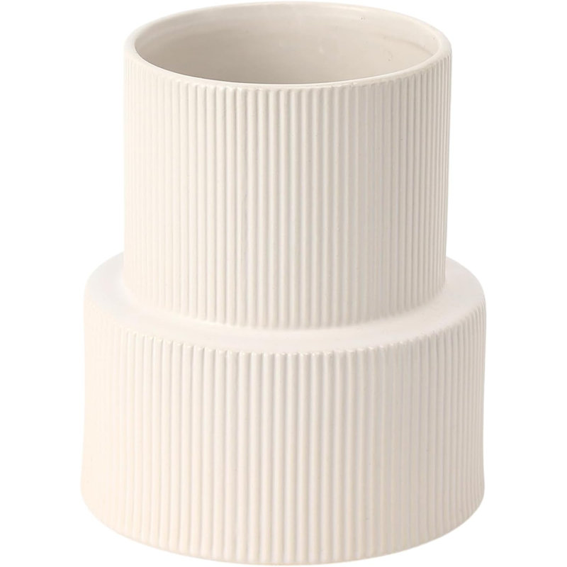 White Ribbed Ceramic Flower Vase 7.5"