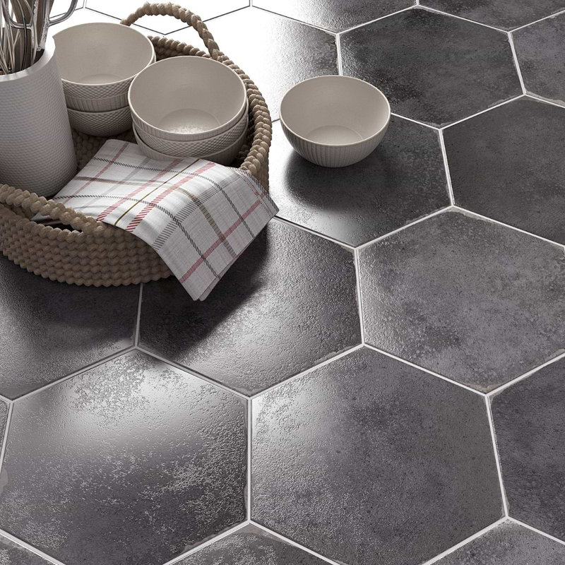 Kalay 9" Hexagon Polished Porcelain Tile, Antracite
