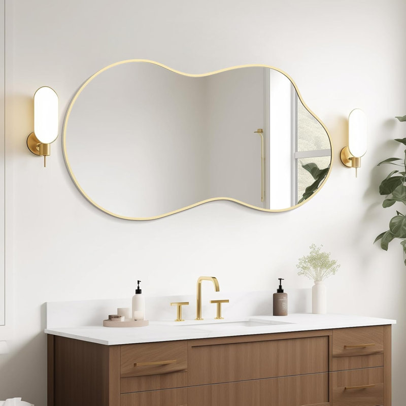 Miroir mural doré irrégulier, miroir asymétrique moderne avec cadre en aluminium