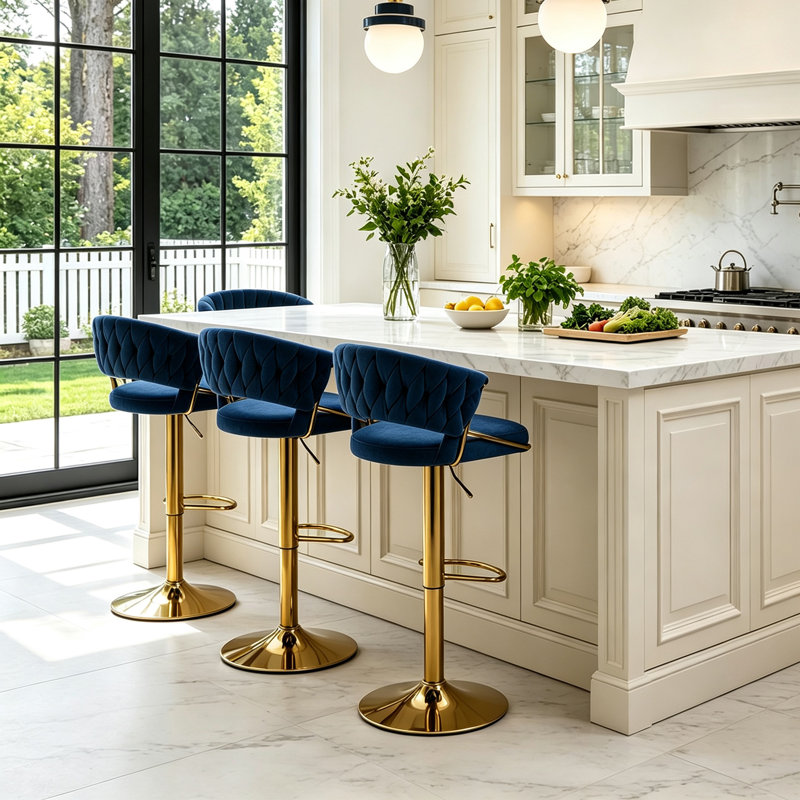 Christal Swivel Upholstered Adjustable Height Counter Stool, Navy Blue, Gold