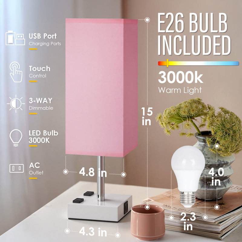 Lampe de chevet carrée moderne avec ports de chargement USB-C/USB-A et prises secteur – Éclairage à intensité variable par simple pression sur 5 niveaux, respectueux des yeux