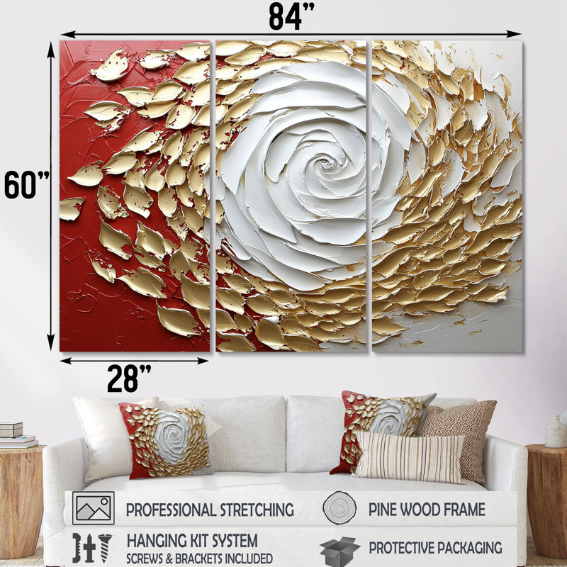 Rose rouge et or dans un vortex - ensemble de décorations murales spirales abstraites, Toile tendue