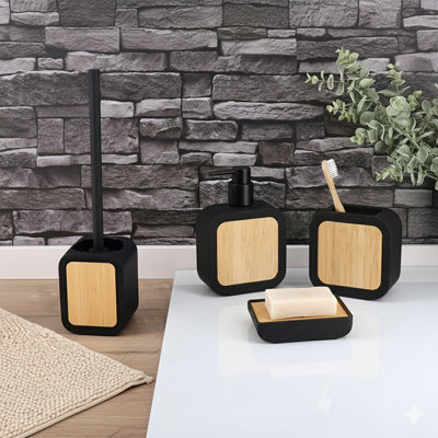 4-Piece Bathroom Accessory Set Rubber and Wood