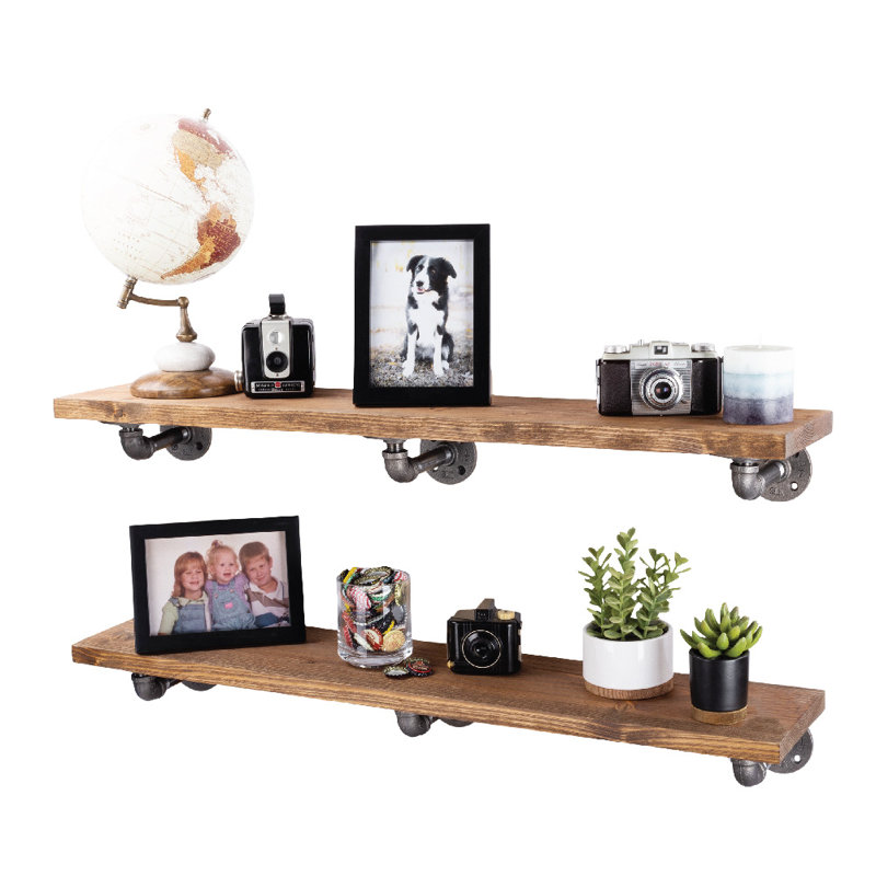 Hibbell 2 Piece Solid Wood Industrial Pipe Shelves, Autumn Brown