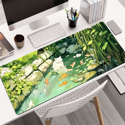  Rubber Mouse Pad, Smooth Microfiber Surface, Non-Slip Base, Rounded Edge Decorative Mouse Mat for Office & Gaming,17×47 Inch ,White Cat Goldfish Pond