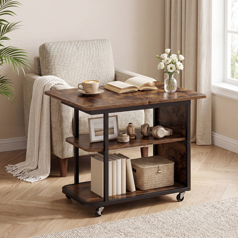 Table de chevet 2 pièces, table de chevet mobile avec plateau pivotant pliable, tablette à 2 niveaux brun rustique et noir, 2