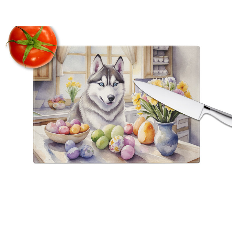 Decorating Easter Siberian Husky Glass Cutting Board
