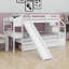 Lit superposé simple au-dessus de simple avec tiroirs et tablettes, lit superposé en bois avec escalier de rangement et bureau-354836956