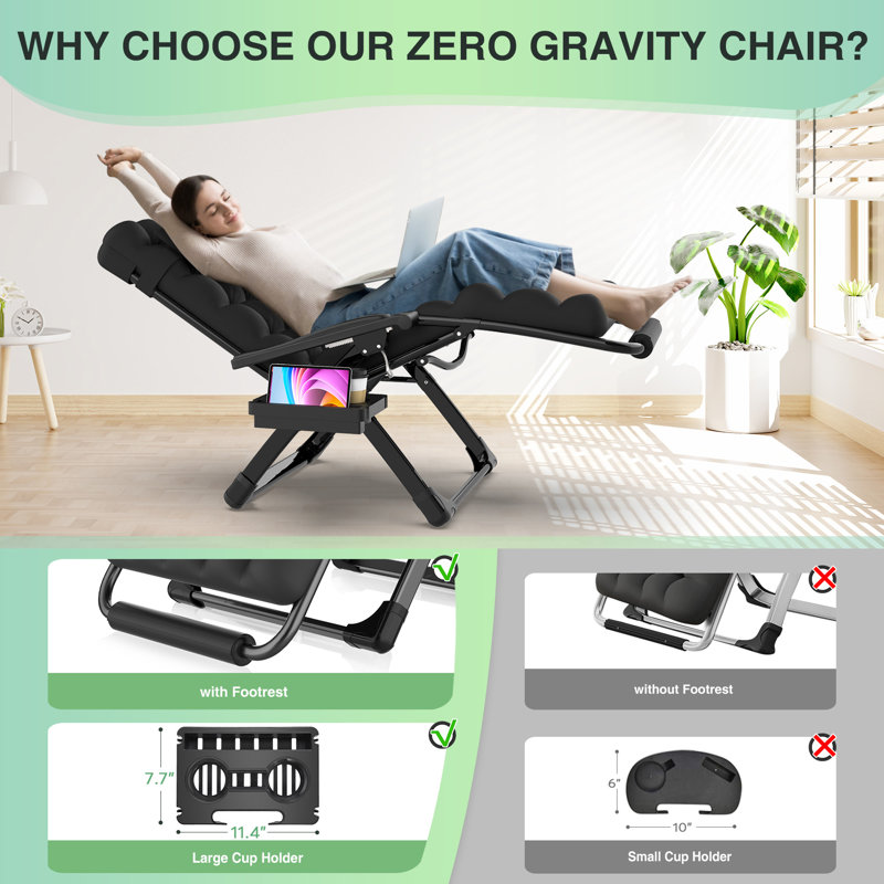Oversized XXL Folding Zero Gravity Chair, Patio Reclining Lounge Chair 33In with Cushions and Headrest, Black