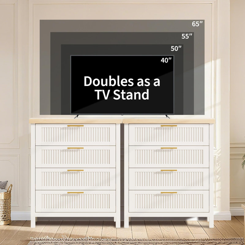 Fluted 4 Drawers Dresser for Bedroom, 35.4" Tall Chest of Dressers for Closet, 4 Fluted Drawers with Metal Handle, White