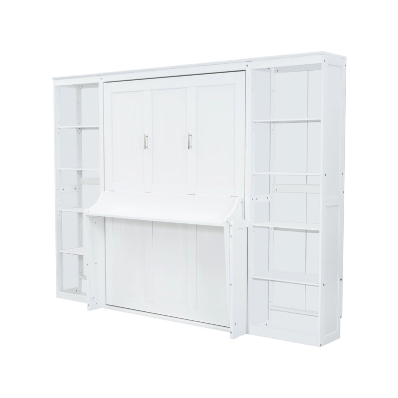 Lit double avec bureau et bibliothèque, blanc - bibliothèque compacte et efficace, Lit double