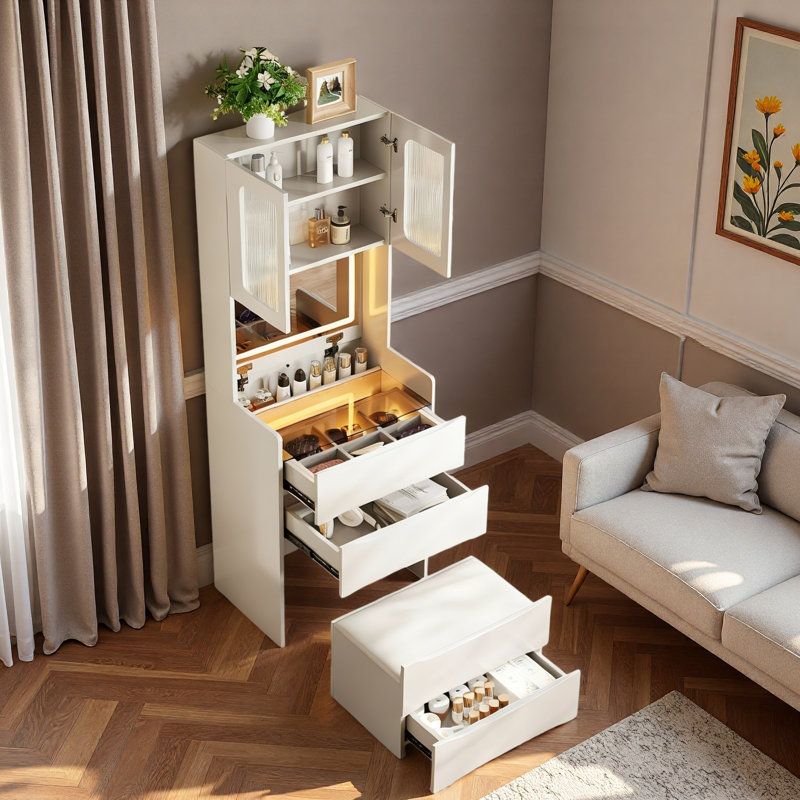 3-in-1 Vanity Table With Led Mirror,  Drawers, Flip-top Compartment And Storage Stool