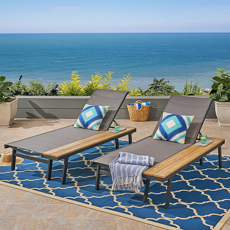 Gray and Black Mesh and Aluminum 2-Person Chaise Lounge Set