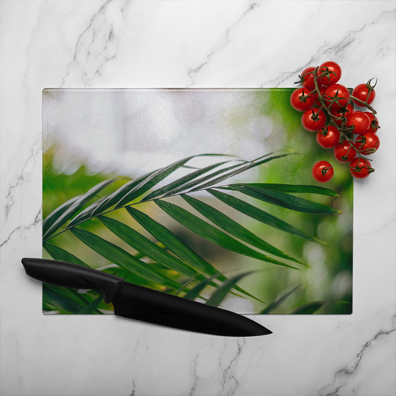 Closeup of palm leaf Designer Glass Chopping Board, 28cm L x 20cm W