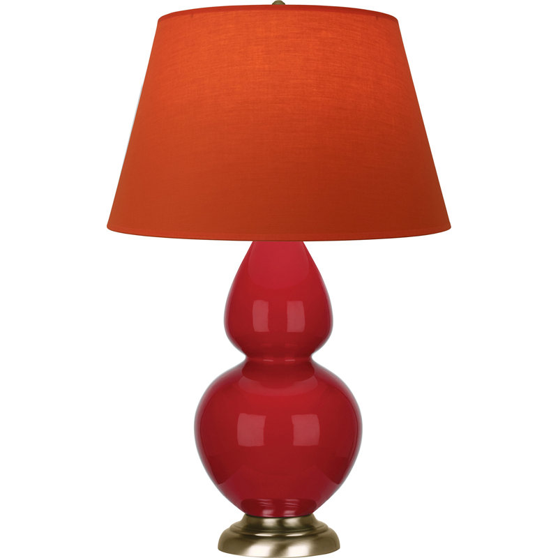 Lampe de table double gourde en céramique, Rouge rubis verni / laiton, Tangerine / doublure taupe, Laiton