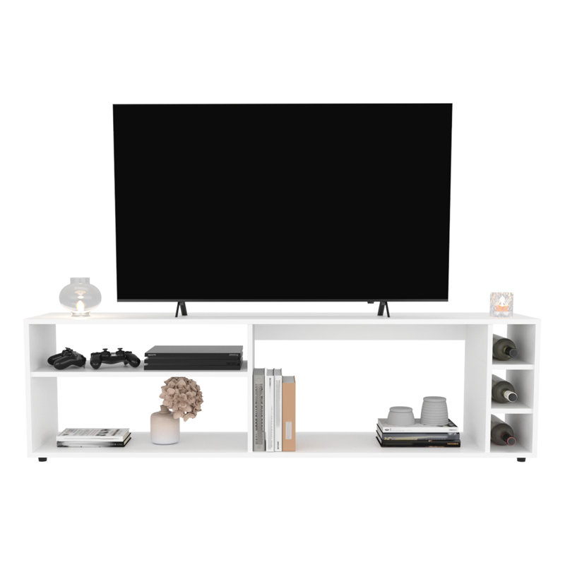 63" Wide Tv Stand, White, With 3 Open Shelves, Bottle For Entertainment Modern Stand In White Living, White