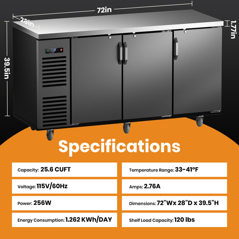 72 po l 25,6 pi³ Réfrigérateur commercial en acier inoxydable noir