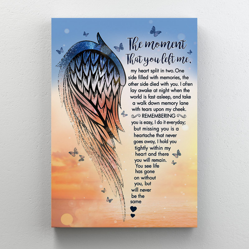 Une seule aile et des papillons - Le moment où tu m'as laissé mon cœur fendu en deux - 1 pièce, reproduction d'art graphique sur toile tendue