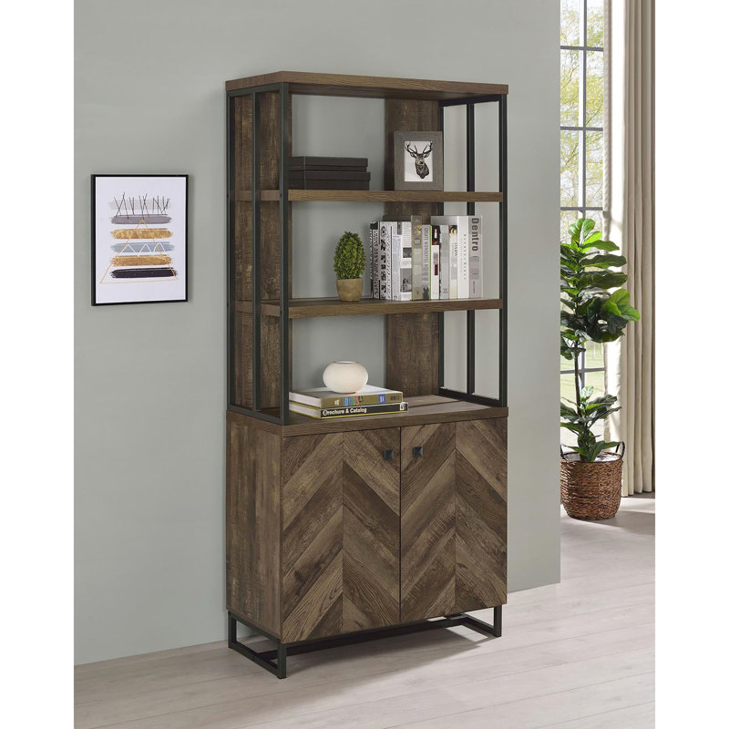 Bibliothèque à 2 portes en chêne rustique avec détails à chevrons, 3 tablettes ouvertes et 2 textures intérieures réglables