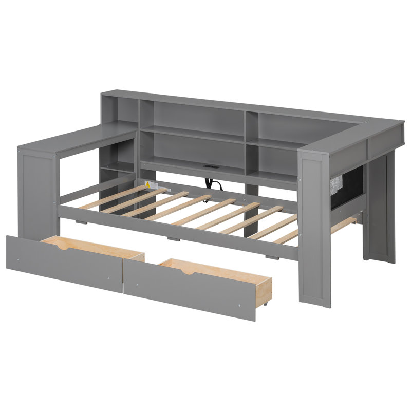 Wood Twin Size Platform Bed with Storage Shelves, Drawers, Charging Station, LED, Desk and Upholstered Headboard, Grey+ Grey Cushion
