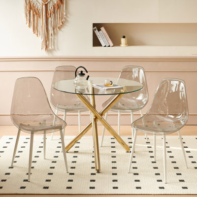 Ensemble de salle à manger 1 + 4,5 pièces, table de salle à manger à pieds en métal Mid-Century pour 4-6 personnes avec plateau en verre, table de salle à manger à piédestal, table basse de loisirs