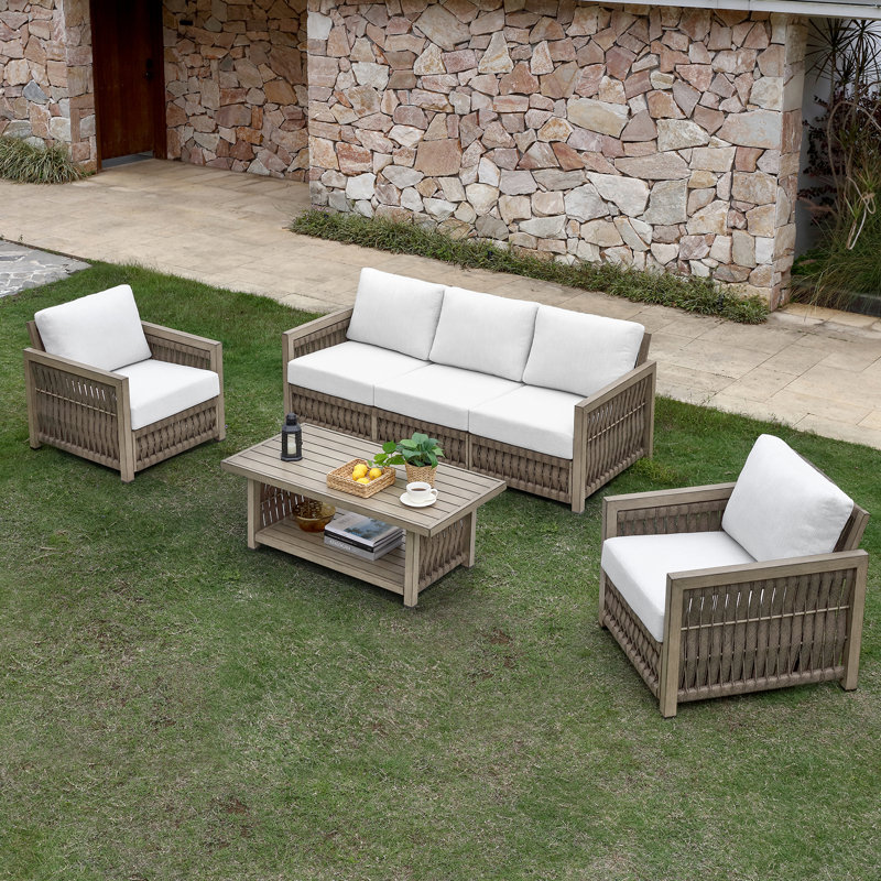 Seehill 4-Piece Patio Furniture Set, Aluminum Outdoor Patio Conversation Set With Washable Cushions, Rope Weave Outdoor Furniture Sofa Set With Coffee Table For Deck, Poolside, Backyard, Gray Oak