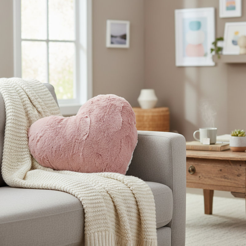 Dusty Rose Pink Heart Shaped Throw Pillow, Soft Faux Fur Decorative Accent Pillow