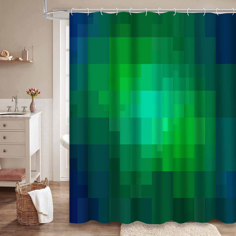 Rideau de douche géométrique bleu-vert clair avec 12 crochets, L 72 po x l 84 po
