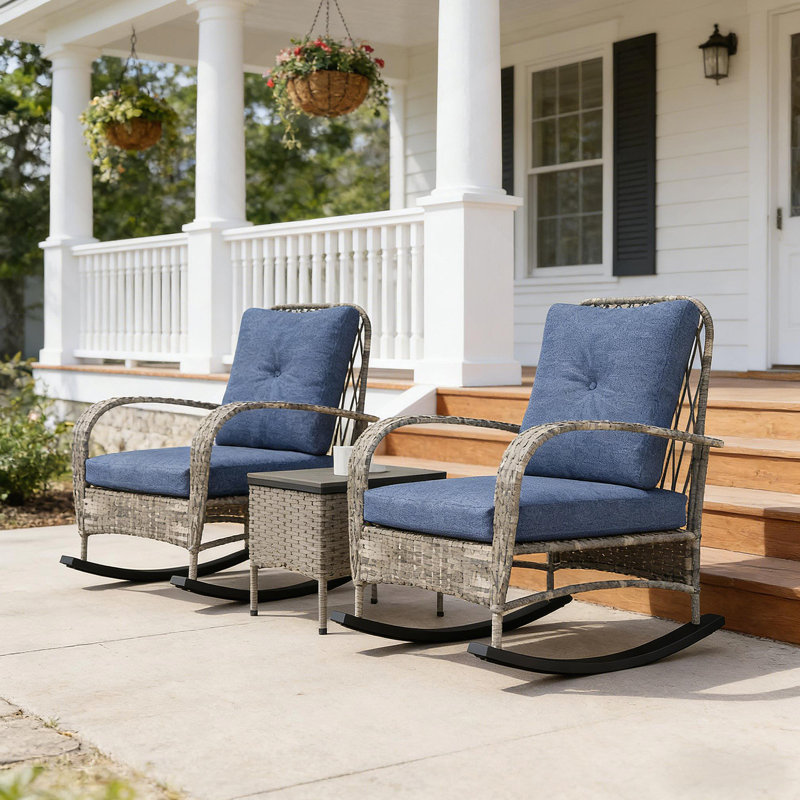 Ensemble de chaises berçantes 3 pièces en osier avec table d'appoint, Bleu pâle, Gris