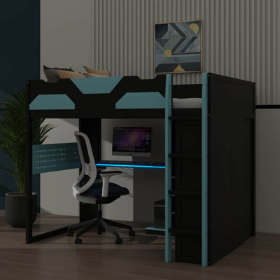 Lit mezzanine en bois pleine grandeur avec poste de travail, nombreuses tablettes de rangement, ports USB et éclairage RVB