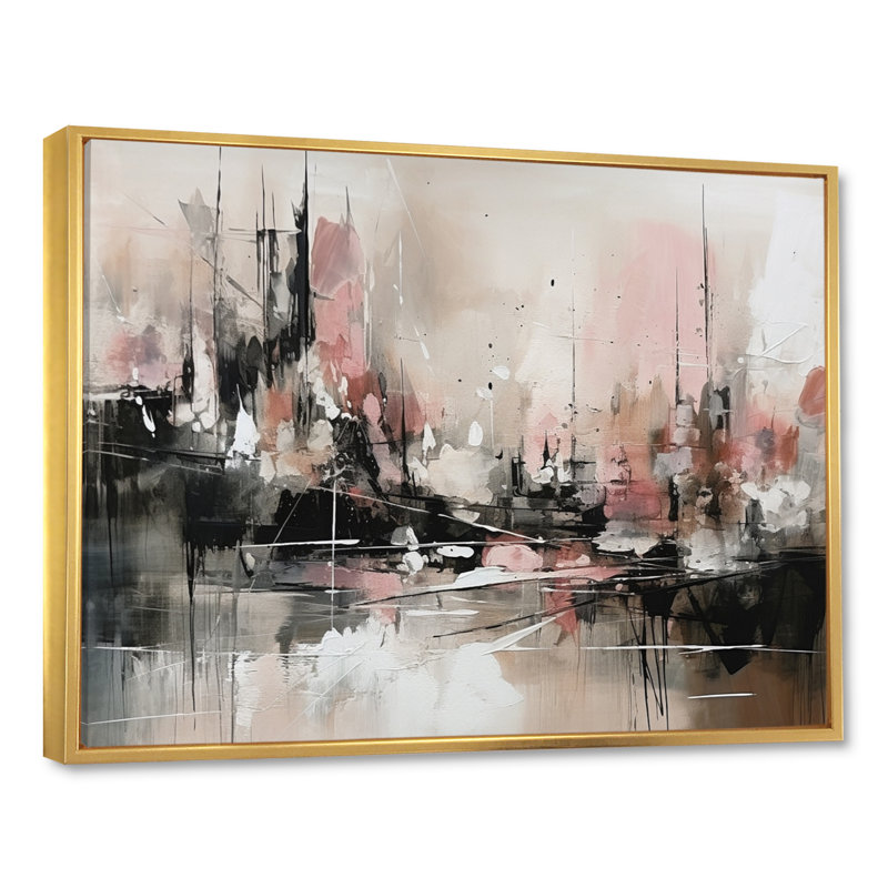 Pink Black Minimalims Fludity I Framed On Canvas Print, 12" H x 20" W x 1" D, Gold Floater Framed