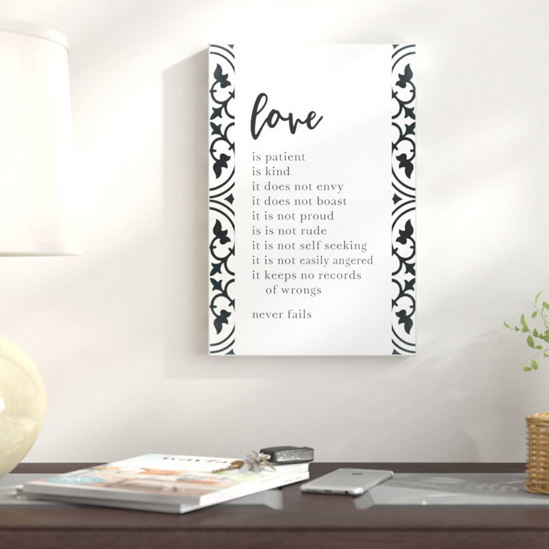 «Love is patient Love is Kind», reproduction d'art textuelle sur toile à cadre flottant, H 30 po x l 24 po, Toile tendue