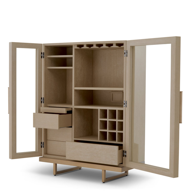 Connaught Solid Wood Bar Cabinet, Washed Oak/Brushed Brass