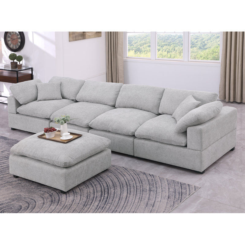 Amiyiah Upholstered L-shaped Couch With Ottoman Sectional, Light Gray Polyester