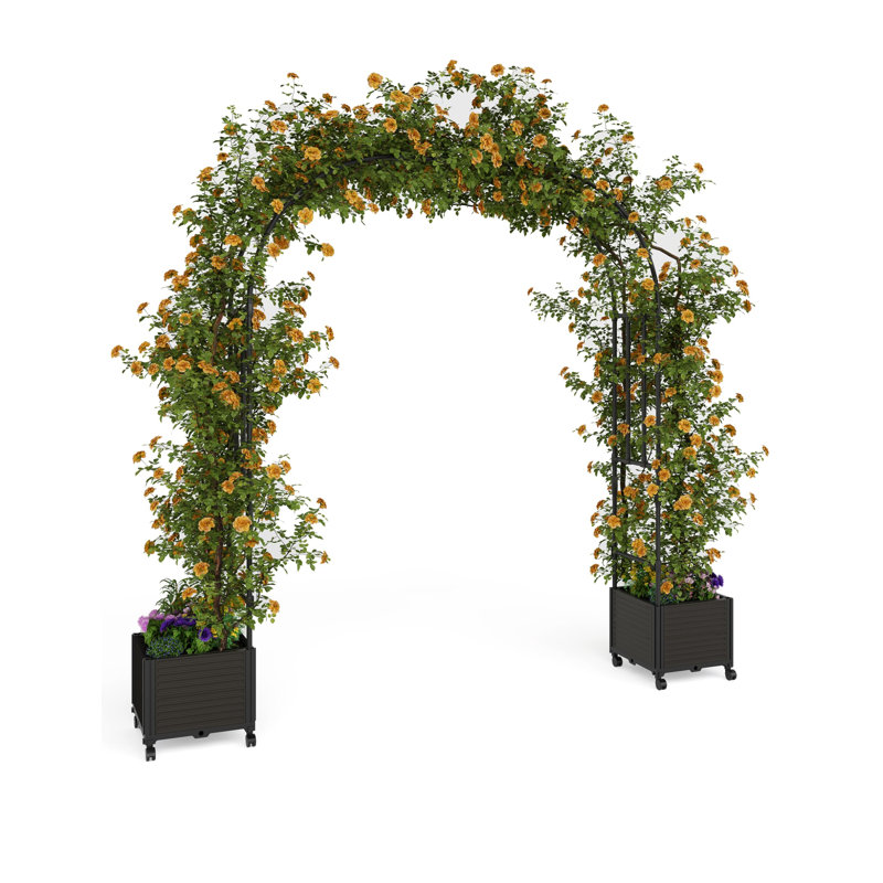 2.2 m X 2.4 m Tall Metal Garden Arch with Planter Boxes, Heavy Duty Iron Trellis for Climbing Plants, Weather-Resistant Archway for Garden Decor, Wedding and Party