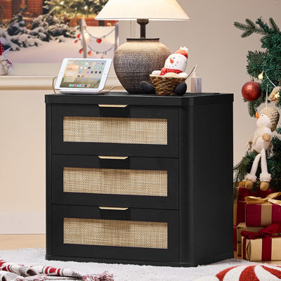 Rattan Night Stand with Charger Station, 23" Large 3 Drawer Boho Nightstand, Bedside Table Storage Cabinet, Bed Side End Tables for Bedroom, Living Room, Hallway