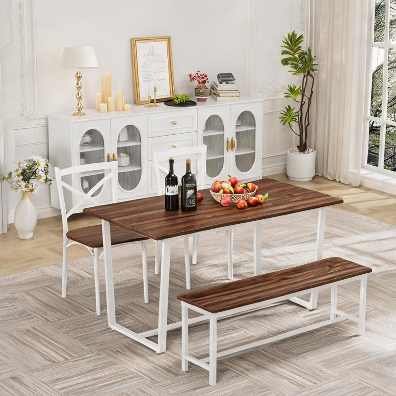 Ensemble de salle à manger 5 pièces en MDF et en acier de couleur brune avec banc, style industriel, 4 places, table rectangulaire