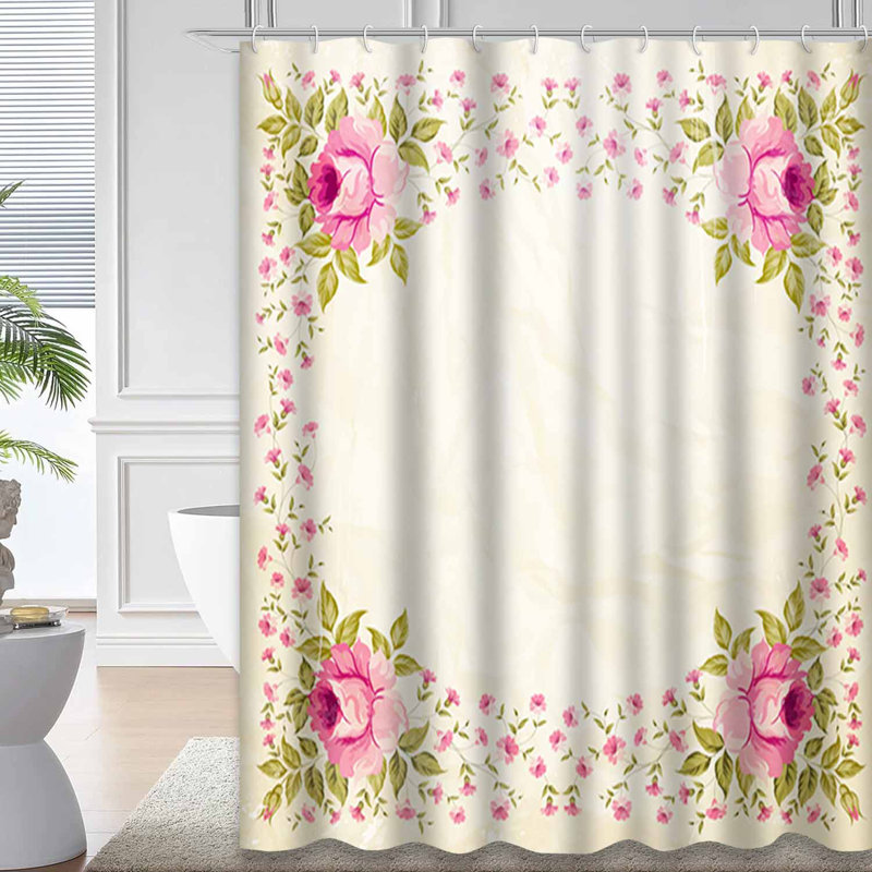 Rideau de douche imperméable à motif floral blanc rétro avec 12 crochets RoseNoir, L 72 po x l 84 po