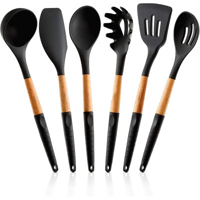 Ensemble d'ustensiles de cuisine édition spéciale avec poignée en silicone 6 pièces noir longueur 12,9 pouces utilisé pour la cuisson, la cuisson, le mélange, le service