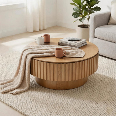 Table basse ronde en bois de 31,49 po avec rangement pour le salon, table basse tambour moderne fabriquée à la main, table basse circulaire en bois pour petit espace