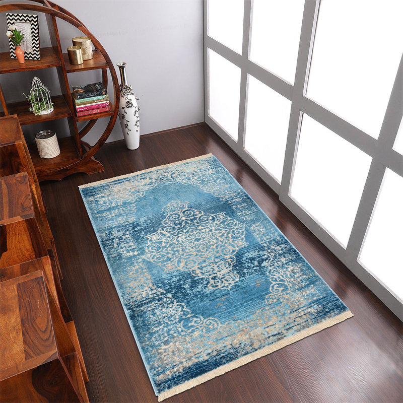 Crayton Machine Made Polyester Area Rugs - Rectangle Shape, Blue Color, Classic Oriental Traditional Design, Low Pile Machine Made Area Rugs for Living Room, Bed Room