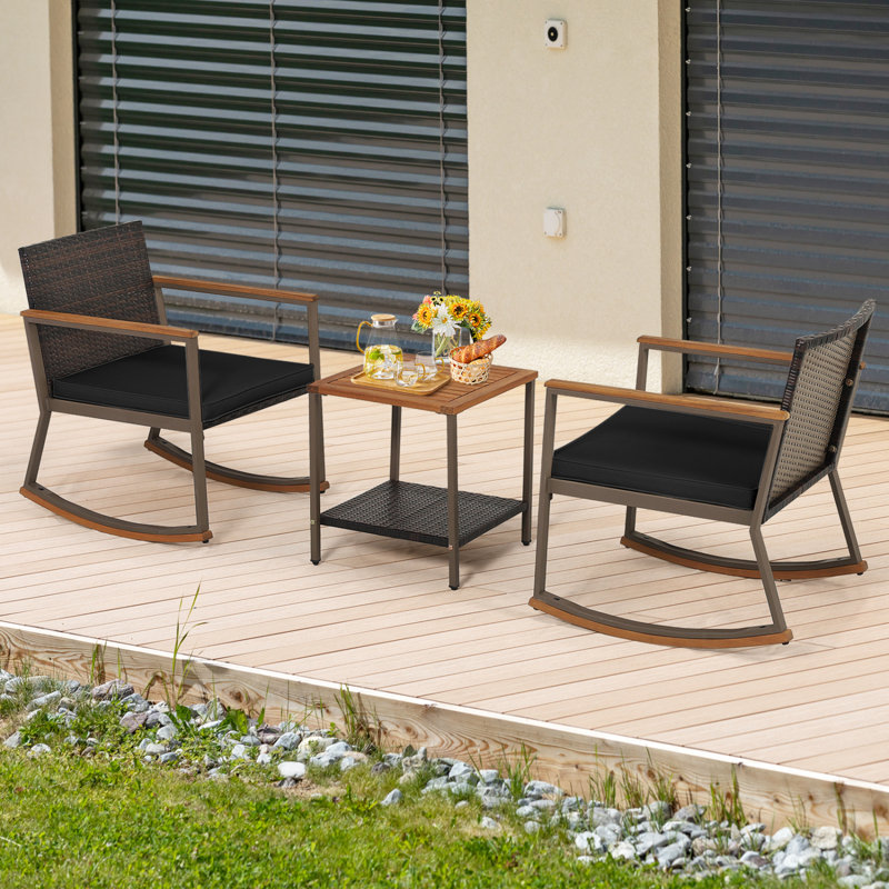3 Pieces Rattan Rocking Bistro Set with Coffee Table and Cushions