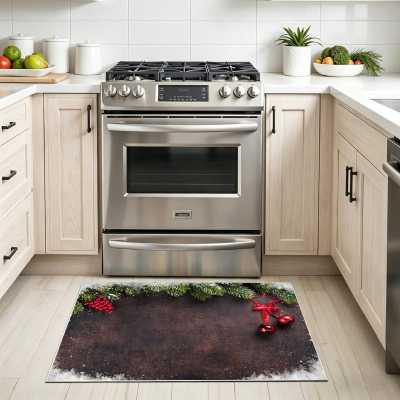 Tapis de Noël vert lavable à la machine avec sapin enneigé, Rectangle 32" x 47"