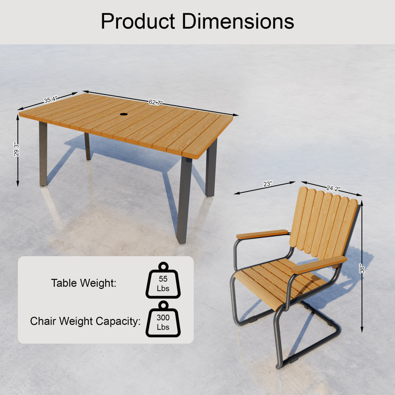 Ensemble de table de salle à manger 5 pièces en PEHD avec trou pour parasol, Noir / Jaune