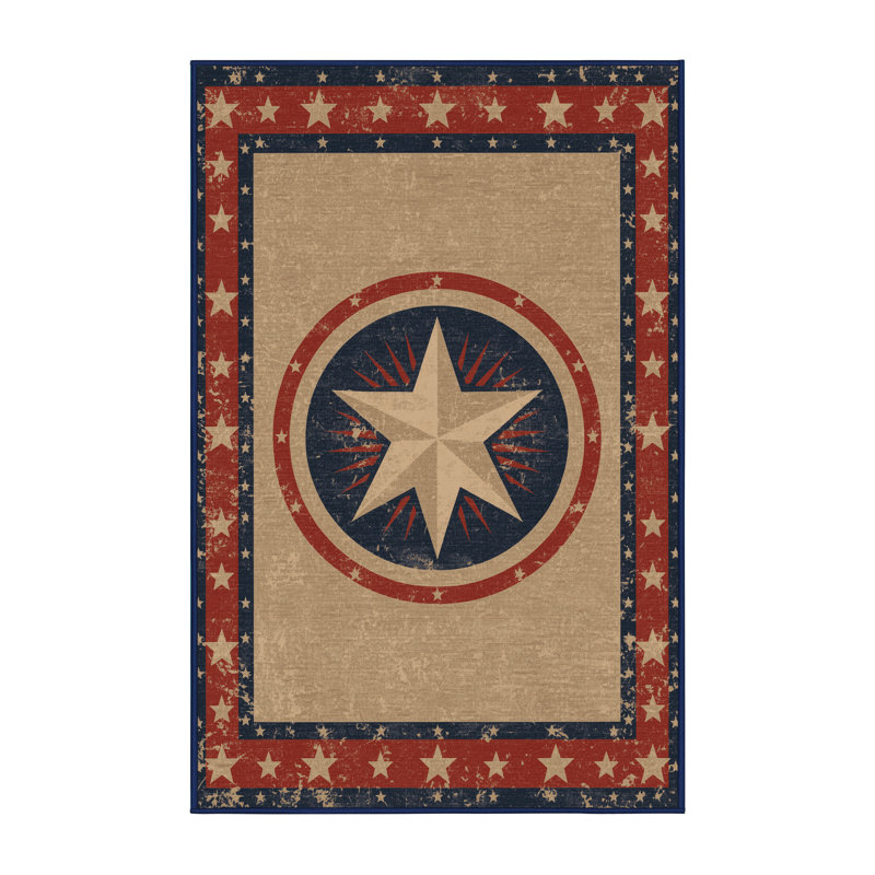 Soft Plush Escoto July 4Th Modern & Contemporary Abstract Area Rug in Beige – Navy Binding, 6x9