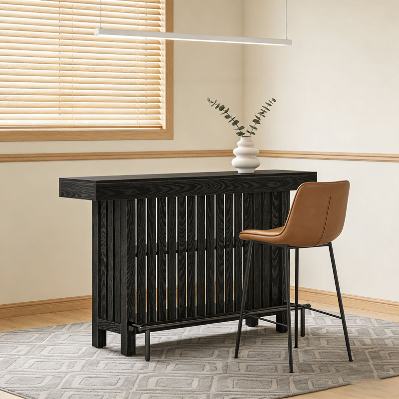 Modern Home Bar Unit Bar Table with 2-Tier Shelves and Footrest, Black