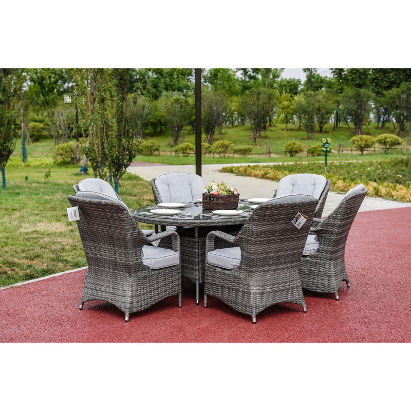 6 - Person Wicker Patio Dining Set with Oval Table , Cushions Included, Gray/Light Gray