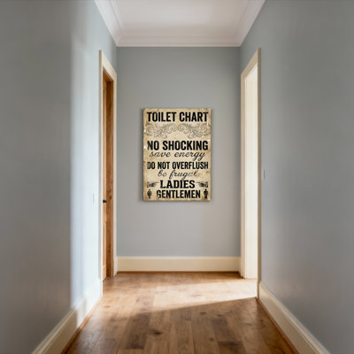 Toilette de toilette, affiche rétro sur toile tendue, reproduction de peinture à l'huile avec règles de salle de bain humoristiques et volutes décoratives pour les toilettes ou les toilettes