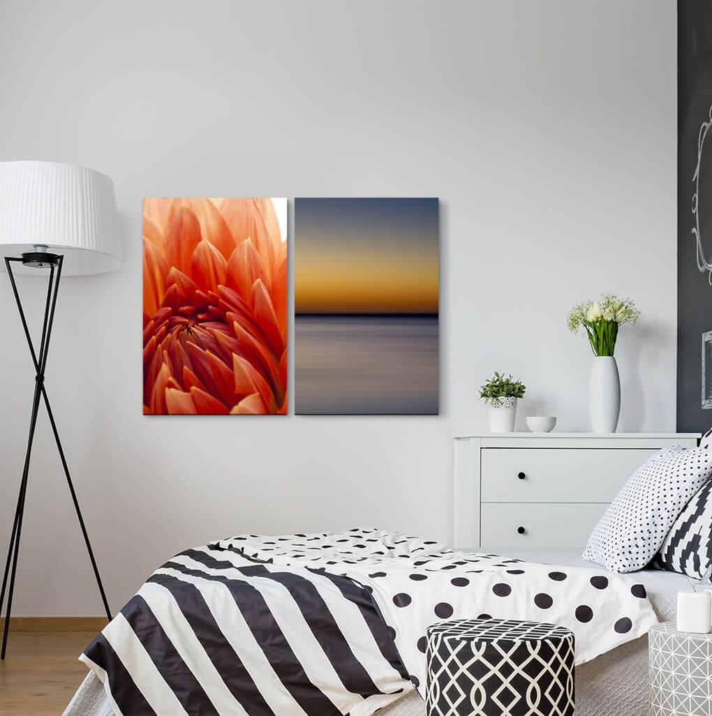 2-tlg. Leinwandbilder-Set - Fotografie „Dahlia Red Blossom Summer Sea Horizon Minimal”