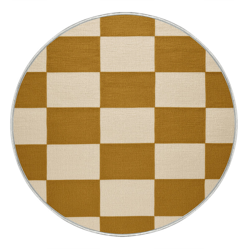 Machine Washable Checkered Beige Area Rug, Round 3'